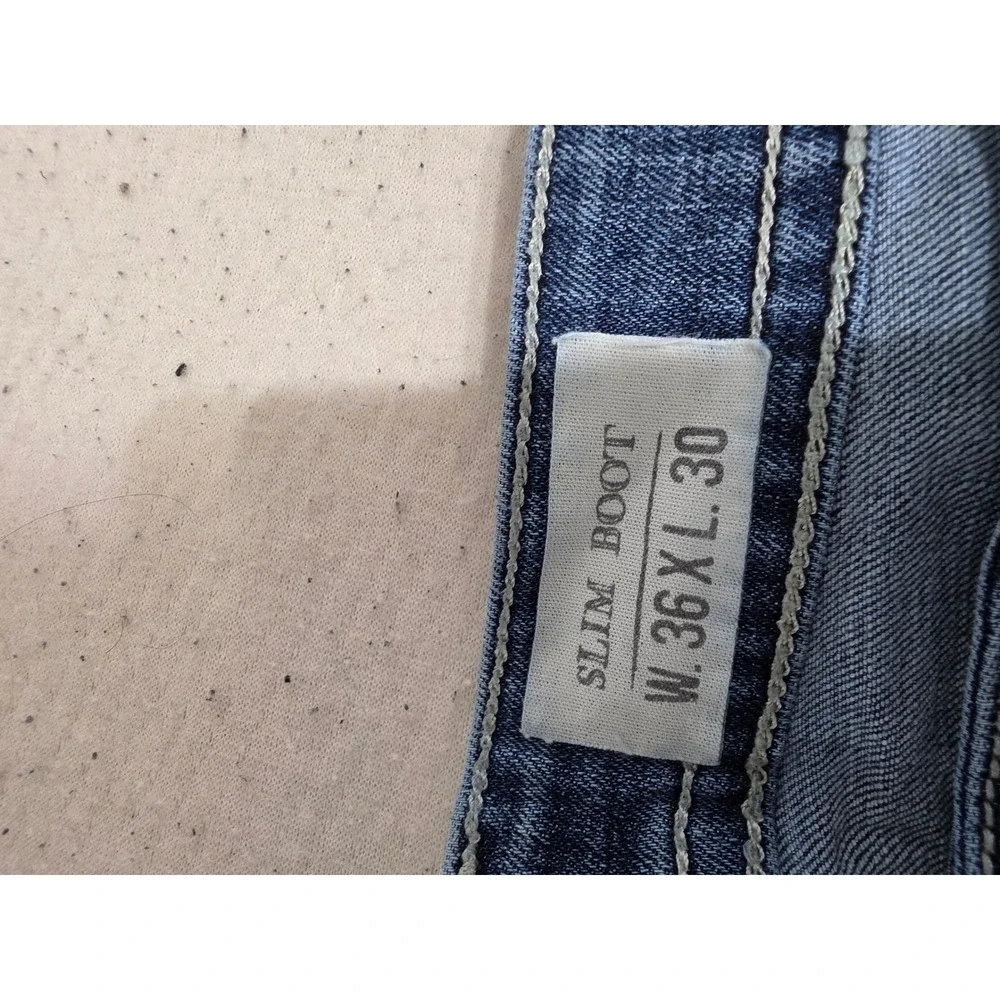 TK Axel Mens Slim Bootcut Jeans Medium Wash Denim W36 L30 Embroidered Pockets